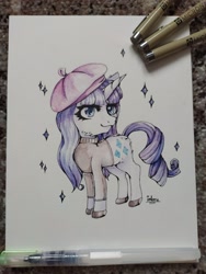 Size: 1536x2048 | Tagged: safe, artist:inlaru, imported from derpibooru, rarity, pony, unicorn, chibi, clothes, commission, solo, sparkles, traditional art, watercolor painting