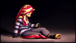 Size: 3840x2160 | Tagged: safe, artist:imafutureguitarhero, imported from derpibooru, sunset shimmer, anthro, unguligrade anthro, unicorn, 3d, 4k, 4k resolution, absurd file size, animated, anklet, bare shoulders, big eyes, boots, border, cable, cargo pants, clothes, colored eyebrows, colored eyelashes, crossed legs, cute, earbuds, female, fingerless gloves, floppy ears, frog (hoof), gloves, headphones, high res, holding, hoof shoes, hooves, horn, ipod, leather, leather boots, leather gloves, leather shoes, leonine tail, long hair, long mane, long tail, mare, multicolored hair, multicolored mane, multicolored tail, no sound, nose wrinkle, on floor, pants, perfect loop, revamped anthros, revamped ponies, shimmerbetes, shoes, shoulderless, sitting, smiling, solo, source filmmaker, striped sweater, sweater, sweatpants, text, turnaround, turntable animation, underhoof, wall of tags, watermark, webm