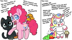 Size: 1280x719 | Tagged: safe, artist:watermelonthecat, imported from derpibooru, pinkie pie, cat, earth pony, pony, comparison, doll, poopsie, slime, then and now, toy, vulgar