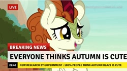 Size: 714x400 | Tagged: safe, edit, edited screencap, imported from derpibooru, screencap, autumn blaze, kirin, sounds of silence, awwtumn blaze, break your own news, breaking news, captain obvious, cute, happy