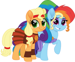 Size: 1280x1053 | Tagged: safe, artist:cloudy glow, artist:cloudyglow, imported from derpibooru, applejack, rainbow dash, earth pony, pegasus, pony, alternate hairstyle, appledash, armor, armor skirt, clothes, cloudyglow is trying to murder us, costume, disney, dress, eyeshadow, female, freckles, grin, halloween, halloween costume, headband, hercules, holiday, lesbian, makeup, megaradash, movie accurate, nightmare night, rainbow dash always dresses in style, raised hoof, shipping, simple background, skirt, smiling, transparent background