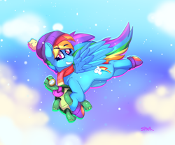 Size: 2382x1980 | Tagged: safe, artist:aaa-its-spook, imported from derpibooru, rainbow dash, tank, pegasus, pony, tortoise, backwards cutie mark, clothes, cloud, female, flying, male, mare, scarf, sky, snow, snowfall, winter