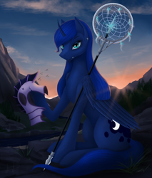 Size: 2610x3060 | Tagged: safe, artist:dezdark, imported from derpibooru, princess luna, alicorn, bird, pony, angry, cliff, clothes, cloud, costume, curved horn, dreamcatcher, ear piercing, earring, eyeshadow, fangs, forest, grass, helmet, horn, jewelry, looking at you, makeup, mountain, piercing, river, scenery, scepter, shadowbolts costume, signature, sitting, sky, solo, stream, sun, sunset, tree, water