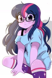 Size: 1291x1920 | Tagged: safe, artist:galaxynightt, imported from derpibooru, sci-twi, twilight sparkle, human, equestria girls, alternate hairstyle, arm between legs, blushing, clothes, cute, female, glasses, looking at you, messy hair, multicolored hair, pajamas, purple eyes, purple skin, shiny skin, simple background, sitting, socks, solo, tomboy, twiabetes, watermark, white background