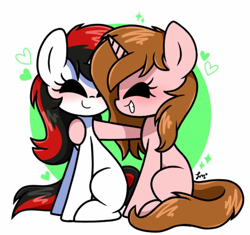 Size: 800x752 | Tagged: source needed, safe, artist:silver meadow, imported from derpibooru, oc, oc only, oc:lanaia, oc:listfia, pony, unicorn, blank flank, blushing, eyelashes, female, filly, grin, heart, horn, not blackjack, siblings, simple background, sisters, smiling, twins, two toned mane, two toned tail, watermark