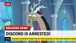 Size: 1280x720 | Tagged: safe, edit, edited screencap, imported from derpibooru, screencap, discord, draconequus, the ending of the end, break your own news, breaking news, canterlot, caption, discord is not amused, eyebrows, facial hair, funny, goatee, horns, image macro, implied grogar, joke, male, meme, op can't let go, solo, stained glass, text, unamused