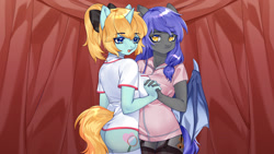 Size: 2268x1276 | Tagged: safe, artist:ginkgo leaf, imported from derpibooru, oc, oc:bar, oc:diamonody, anthro, duo, duo female, female, lesbian, nurse