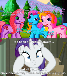 Size: 2000x2250 | Tagged: safe, edit, edited screencap, imported from derpibooru, screencap, cheerilee (g3), rainbow dash (g3), rarity, rarity (g3), earth pony, unicorn, the saddle row review, box, bush, caption, comic, ear worm, eye twitch, female, g3, g3 cheeribetes, g3 dashabetes, g3 raribetes, greetings from unicornia, hooves on face, image macro, mare, open mouth, overreacting, princess rarity, rarity for you, screencap comic, text, tree, vulgar, wish you were here (song)