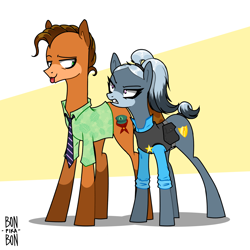 Size: 4000x4000 | Tagged: safe, artist:bonpikabon, imported from derpibooru, earth pony, pony, :p, alternate hairstyle, angry, annoyed, armor, belt, clothes, crossover, disney, duo, female, gritted teeth, judy hopps, male, mare, markings, necktie, nick wilde, police, ponified, pouch, shirt, stalion, stallion, tongue out, zootopia