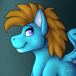 Size: 800x800 | Tagged: safe, artist:sursiq, imported from derpibooru, oc, oc only, oc:carbon, pegasus, pony, birthday, blue, blue eyes, brown hair, brown mane, colored pupils, ear fluff, freckles, gift art, gradient background, looking at you, looking back, male, pegasus oc, pony oc, profile, shading, smiling, solo, solo male, spread wings, stallion, watermark, wings