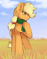 Size: 2020x2520 | Tagged: safe, artist:jackselit, imported from derpibooru, applejack, earth pony, pony, autumn, clothes, female, grass, grass field, mare, scarf, sky, solo