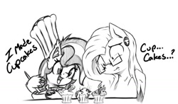 Size: 1324x778 | Tagged: safe, artist:alazak, imported from derpibooru, oc, oc:autumn breeze, oc:pearl, earth pony, pegasus, pony, chef's hat, cooking, cupcake, food, glasses, hat, monochrome, shrunken pupils, simple background, white background