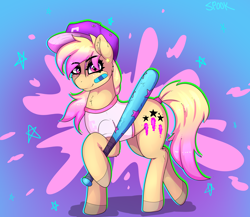 Size: 2322x2013 | Tagged: safe, artist:aaa-its-spook, imported from derpibooru, oc, oc:cam, earth pony, pony, accessories, accessory, baseball bat, clothes, female, mare, shirt