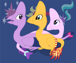 Size: 900x745 | Tagged: safe, artist:albertonykus, imported from derpibooru, starlight glimmer, sunset shimmer, twilight sparkle, dinosaur, maniraptor, oviraptor, dinosaurified, my little maniraptor, species swap