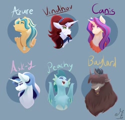 Size: 1280x1232 | Tagged: safe, artist:cyanreef, imported from derpibooru, oc, oc only, oc:aloo pie, oc:blue bonnet, oc:jackie, oc:scarlet heart, oc:skychaser, unnamed oc, hybrid, original species, pegasus, pony, unicorn, yakony, blue background, bust, female, gift art, hair over one eye, interspecies offspring, male, mare, offspring, parent:donut joe, parent:dumbbell, parent:fancypants, parent:gabby, parent:hoo'far, parent:pinkie pie, parent:prince rutherford, parent:rainbow dash, parent:rarity, parent:saffron masala, parent:spike, parents:dumbdash, parents:pinkieford, parents:rarijoe, parents:raripants, parents:saf'far, parents:spabby, simple background, stallion