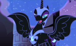 Size: 1242x763 | Tagged: safe, imported from derpibooru, screencap, nightmare moon, alicorn, pony, friendship is magic, antagonist, armor, castle of the royal pony sisters, chestplate, confused, crown, cute, faic, female, flowing mane, flowing tail, funny, funny face, headpiece, horn, jewelry, mare, open mouth, regalia, slit eyes, slit pupils, solo, wings