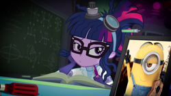 Size: 2560x1440 | Tagged: safe, edit, edited screencap, imported from derpibooru, screencap, sci-twi, twilight sparkle, eqg summertime shorts, equestria girls, mad twience, background pony strikes again, book, crossover, crossover shipping, despicable me, female, laboratory, male, milight, minion, minions, sci-twi's portrait, shipping, smiling, straight, wat, wtf