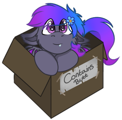 Size: 567x559 | Tagged: source needed, safe, alternate version, artist:rokosmith26, imported from derpibooru, part of a set, oc, oc only, oc:grey, bat pony, pony, alternate character, bat pony oc, bat wings, box, cheek fluff, chibi, commission, cute, ear fluff, eye clipping through hair, floppy ears, flower, flower in hair, looking at you, male, pink eyes, pony in a box, puppy dog eyes, roko's box ponies, simple background, smiling, solo, stallion, tail, teeth, text, tooth, transparent background, wings, ych result