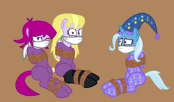 Size: 1280x755 | Tagged: source needed, useless source url, safe, artist:brightstar40k, artist:radiantrealm, edit, imported from derpibooru, fuchsia blush, lavender lace, trixie, pony, arm behind back, bondage, bound and gagged, cloth gag, clothes, equestria girls ponified, female, femsub, footed sleeper, footie pajamas, gag, hat, help us, nightcap, one eye closed, onesie, otn gag, over the nose gag, pajamas, ponified, rope, rope bondage, sleepover, slumber party, socks, stockings, submissive, thigh highs, tied up, trixie and the illusions, trixie's nightcap, wide eyes