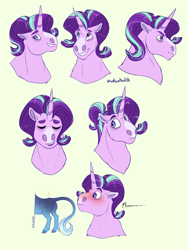 Size: 1500x1990 | Tagged: safe, artist:owlcoholik, imported from derpibooru, starlight glimmer, trixie, pony, blaze (coat marking), blushing, butt, coat markings, facial markings, female, green background, hoers, lesbian, plot, shipping, simple background, startrix