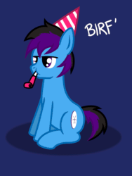 Size: 1140x1520 | Tagged: safe, artist:banquo0, imported from derpibooru, oc, oc:banquo, earth pony, pony, animated, birthday, blinking, gif, hat, noisemaker, party hat, party horn, solo