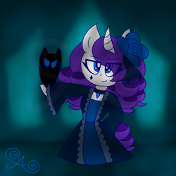 Size: 2000x2000 | Tagged: safe, artist:alannaartroid, imported from derpibooru, rarity, bat, pony, unicorn, alternate hairstyle, alternate universe, beauty mark, choker, clothes, curved horn, dress, eyeliner, female, flower, flower in hair, goth, horn, makeup, mare, mascara, skirt, solo