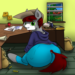 Size: 1920x1920 | Tagged: safe, artist:khaki-cap, imported from derpibooru, oc, oc:khaki-cap, earth pony, pony, bags, book, brush, butt, cap, clothes, commission, commissioner:bigonionbean, dummy thicc, earth pony oc, extra thicc, food, hat, indoors, inside, jean thicc, kinky, large butt, looking at you, looking back, looking back at you, male, oats, paper, pencil, plot, rear, rear view, scroll, sketch, smug, stallion, sticky notes, tail hole, the ass was fat, thicc ass, window, ych example, ych result, your character here