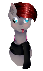 Size: 1492x2492 | Tagged: safe, artist:chazmazda, imported from derpibooru, oc, oc only, pony, bust, clothes, commission, derp, emote, eye shine, highlight, highlights, photo, portrait, scarf, shading, shine, shiny eyes, simple background, solo, tongue out, transparent background