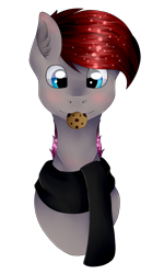 Size: 1492x2492 | Tagged: safe, artist:chazmazda, imported from derpibooru, oc, pony, bust, clothes, commission, commissions open, cookie, emote, eye shine, food, highlight, nom, photo, portrait, scarf, shade, shine, shiny eyes, simple background, solo, transparent background
