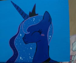 Size: 1080x893 | Tagged: safe, alternate version, artist:mandyd.arts, imported from derpibooru, princess luna, alicorn, pony, bust, ethereal mane, eyes closed, female, mare, smiling, solo, starry mane, traditional art