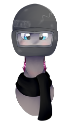 Size: 1492x2492 | Tagged: safe, artist:chazmazda, imported from derpibooru, oc, pony, blushing, bust, clothes, commission, commissions open, helmet, photo, portrait, scarf, shade, shine, short hair, simple background, solo, streamer, transparent, transparent background