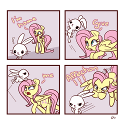Size: 1500x1500 | Tagged: safe, artist:lou, imported from derpibooru, angel bunny, fluttershy, pegasus, pony, angel is a bunny bastard, behaving like a cat, comic, cute, dialogue, fluttershy is not amused, meme, open mouth, running, shyabetes, unamused, you're going to love me