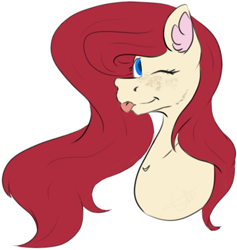 Size: 453x478 | Tagged: safe, artist:chazmazda, imported from derpibooru, oc, pony, blue eyes, bust, commission, commissions open, fluffy, freckles, friend, long hair, one eye closed, photo, portrait, present, red hair, simple background, sketch, solo, tongue out, white background, wink