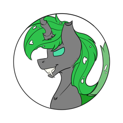 Size: 512x512 | Tagged: safe, artist:chazmazda, imported from derpibooru, oc, oc only, changeling, insect, pony, body, broken horn, bust, bust shot, colored, commission, commissions open, fangs, flat colors, flatcolour, fluffy, green changeling, green eyes, green hair, holes, horn, insect wings, photo, portrait, simple background, solo, transparent background, wings