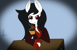 Size: 2937x1913 | Tagged: safe, artist:almaustral, imported from derpibooru, oc, oc only, oc:lighting wind, earth pony, pony, bust, clothes, coffee, cup, earth pony oc, mug, signature, solo