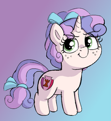 Size: 675x735 | Tagged: safe, artist:heretichesh, imported from derpibooru, cozy glow, sweetie belle, pony, unicorn, bow, cozy belle, cozybetes, cute, diasweetes, female, filly, freckles, fusion, gradient background, hair bow, probably still evil, smug, solo, tail bow