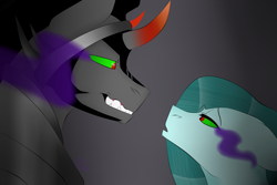 Size: 3000x2000 | Tagged: safe, artist:toptian, imported from derpibooru, king sombra, oc, earth pony, pony, unicorn, curved horn, duo, earth pony oc, horn, male, mind control, sombra eyes, stallion