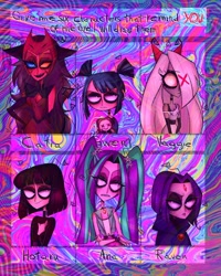 Size: 1080x1350 | Tagged: safe, artist:sra_pinheiro_666, imported from derpibooru, aria blaze, demon, human, moth, six fanarts, equestria girls, bow, bust, catra, clothes, crossed arms, crossover, dc comics, eyelashes, eyeliner, feline, female, hair bow, hair over one eye, hazbin hotel, heterochromia, makeup, missing eye, moth demon, one eyed, raven (dc comics), raven (teen titans), sailor moon, sailor saturn, she-ra and the princesses of power, teen titans, total drama, unknown species, vaggie