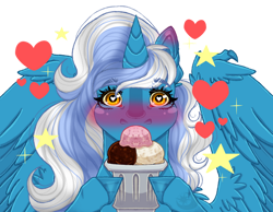 Size: 1024x793 | Tagged: safe, artist:dranconiusadrill, imported from derpibooru, oc, oc only, oc:fleurbelle, alicorn, pony, alicorn oc, blushing, female, food, heart, heart eyes, hoof hold, horn, ice cream, mare, simple background, solo, sparkles, stars, transparent background, wingding eyes, wings, yellow eyes