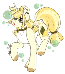 Size: 830x950 | Tagged: safe, artist:silentwolf-oficial, imported from derpibooru, oc, oc only, pony, unicorn, bubble, choker, colored hooves, horn, open mouth, raised hoof, signature, simple background, solo, transparent background, unicorn oc, watermark