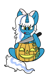 Size: 581x804 | Tagged: safe, artist:polteradopts, imported from derpibooru, oc, oc only, oc:fleurbelle, alicorn, pony, alicorn oc, bow, female, hair bow, halloween, holiday, horn, knife, mare, pumpkin, simple background, solo, transparent background, wings, yellow eyes