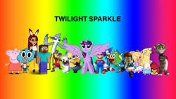 Size: 2560x1440 | Tagged: safe, imported from derpibooru, twilight sparkle, alicorn, bird, blue jay, cardinal, cat, chipmunk, dog, duck, hedgehog, human, pig, pony, rabbit, 1000 hours in ms paint, almost naked animals, alvin and the chipmunks, alvin seville, angry birds, angry birds red, animal, ass, breadwinners, bunny ears, butt, crossover, despicable me, gacha club, gacha life, gacha studio, gachaverse, gumball watterson, mario, minecraft, minion, minions, mordecai, moviestarplanet, peppa pig, peppa pig (character), rabbid, rabbids, rabbids invasion, rainbow, rainbow background, red bird, regular show, roblox, sonic the hedgehog, sonic the hedgehog (series), steve, super mario bros., swaysway, talking tom, talking tom and friends, the amazing world of gumball, twerking, twilight sparkle (alicorn), wat