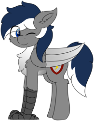 Size: 3496x4475 | Tagged: safe, artist:skylarpalette, imported from derpibooru, oc, oc only, oc:blitz streak, hippogriff, blue eyes, blue mane, cheek fluff, chest fluff, colored, cute, ear fluff, flat colors, fluffy, gray coat, happy, hippogriff oc, large wings, looking back, male, one eye closed, simple background, smiling, solo, stallion, standing, talons, transparent background, wings, wink