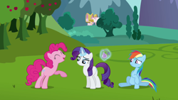 Size: 1280x720 | Tagged: safe, imported from derpibooru, screencap, pinkie pie, rainbow dash, rarity, earth pony, pegasus, pony, unicorn, keep calm and flutter on, eyes closed, female, mare, perfume, raised hoof