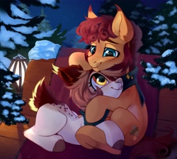 Size: 3984x3576 | Tagged: safe, artist:taneysha, imported from derpibooru, oc, deer, earth pony, pony, bench, cuddling, deer oc, duo, lamppost, night, snow, tree, winter