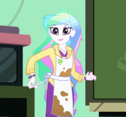 Size: 930x860 | Tagged: safe, imported from derpibooru, screencap, princess celestia, eqg summertime shorts, equestria girls, subs rock, animated, apron, bracelet, brooch, celestia is not amused, classroom, clothes, cropped, cutie mark accessory, cutie mark brooch, deep breath, female, frustration, gif, jewelry, principal celestia, solo, unamused, watch, wristwatch