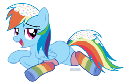 Size: 1200x789 | Tagged: safe, artist:jennieoo, imported from derpibooru, rainbow dash, pegasus, pony, butt, clothes, cute, food, happy, lying down, plot, prone, rainbow, rainbow socks, sexy, show accurate, simple background, smiling, socks, solo, sprinkles, stockings, striped socks, sweet, thigh highs, transparent background, vector
