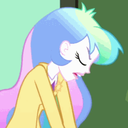 Size: 460x460 | Tagged: safe, edit, edited screencap, imported from derpibooru, screencap, princess celestia, eqg summertime shorts, equestria girls, subs rock, animated, brooch, cropped, cutie mark accessory, cutie mark brooch, deep breath, gif, jewelry, out of context, principal celestia, solo