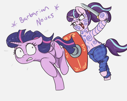 Size: 2500x2000 | Tagged: safe, artist:t72b, imported from derpibooru, starlight glimmer, twilight sparkle, alicorn, pony, unicorn, alternate hairstyle, barbarian, bipedal, celtic, chase, clothes, descriptive noise, fear, female, high res, highlander, historical roleplay starlight, hoof hold, hooves, looking back, mare, open mouth, pants, plaid, running, scared, shield, shrunken pupils, sword, tattoo, twilight sparkle (alicorn), weapon, windswept mane, woad