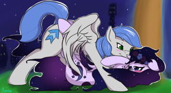 Size: 1224x666 | Tagged: safe, artist:edgarkingmaker, imported from derpibooru, oc, oc:moon star, oc:speed rate, alicorn, pegasus, night, playful